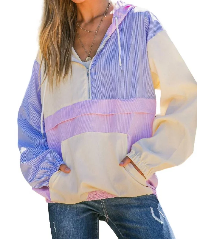 Stripe Color Block Half Zip-Up Hood Windbreaker In Pink/yellow/purple