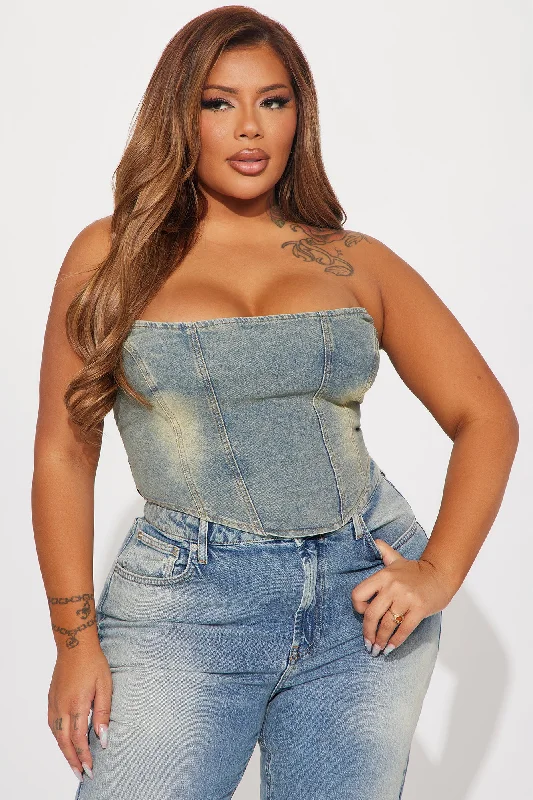 Above It All Washed Denim Corset Top - Vintage Wash