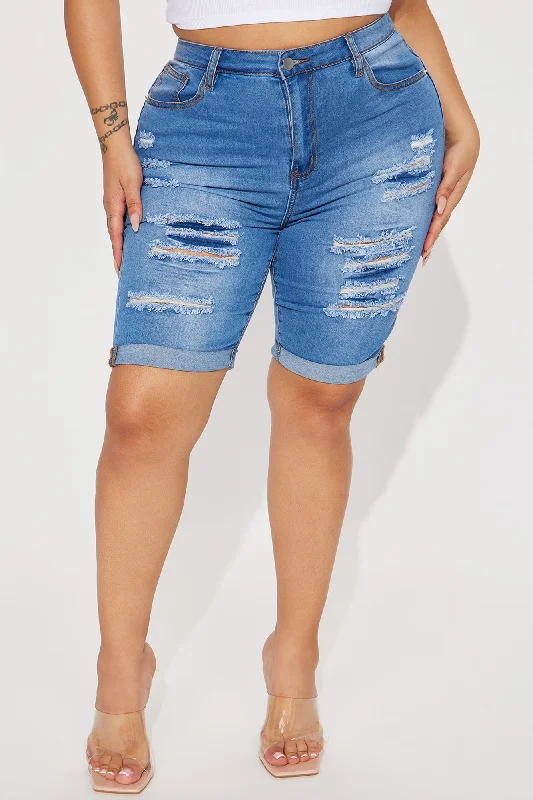 Acting Nice Stretch  Denim Bermuda Shorts - Medium Wash