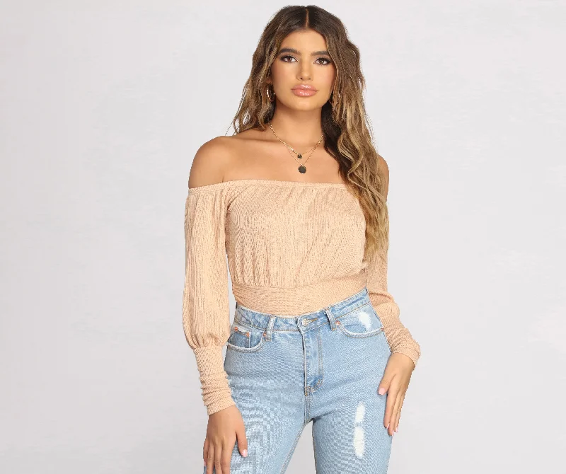 All About Knit Ribbed Off Shoulder Top