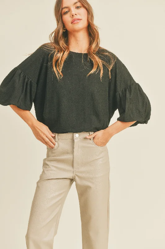 Black Drop Shoulder Puff Sleeve Top