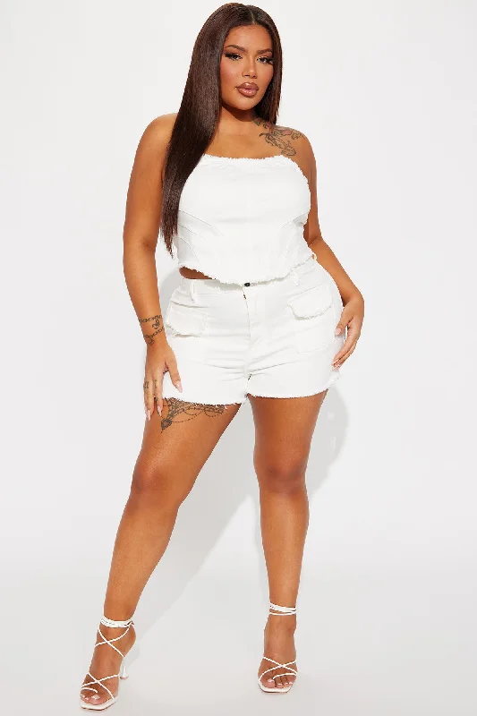 Call The Shots Stretch Denim Cut Off Shorts - White