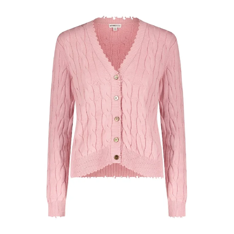 Cotton Cable Frayed Cardigan In Pink Pearl