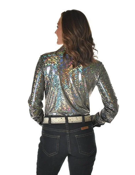 Cowgirl Tuff Womens Holographic Lightweight Silver Polyester L/S Shirt