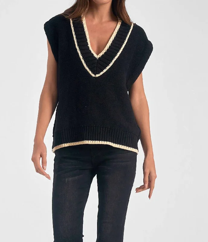 Embellished V-Neck Sweater In Black And White