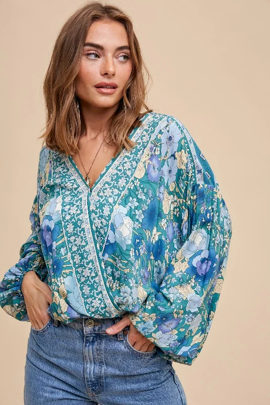 Emerald Teal Surplice Wrap Border Print Blouse