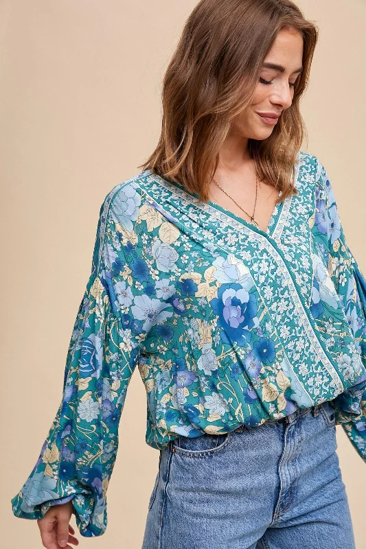 Emerald Teal Surplice Wrap Border Print Blouse