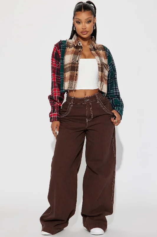 Fall Feeling Cropped Plaid Shirt - Brown Combo