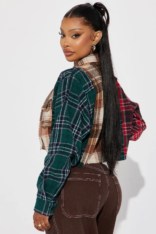 Fall Feeling Cropped Plaid Shirt - Brown Combo