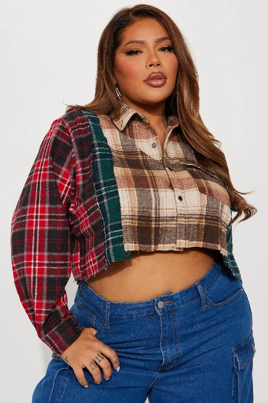 Fall Feeling Cropped Plaid Shirt - Brown Combo