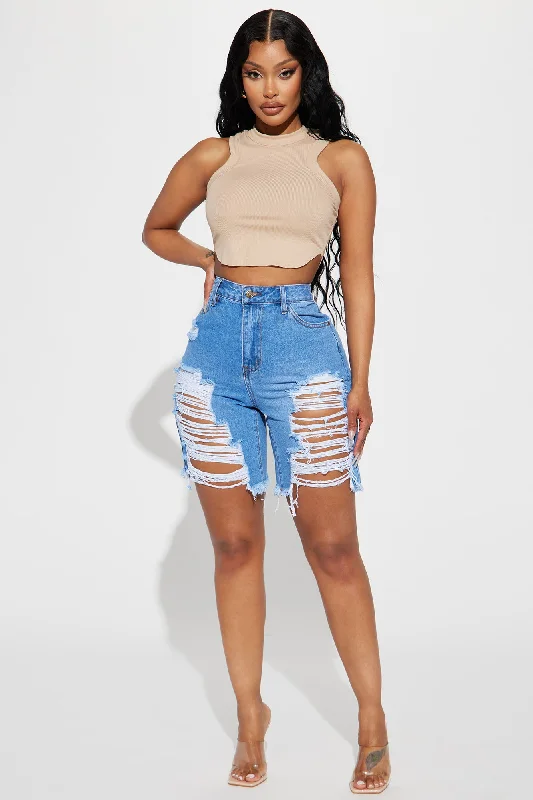 For The Weekend Non Stretch Ripped Denim Bermuda Shorts - Medium Wash