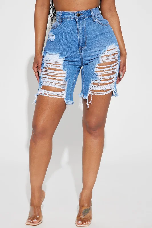 For The Weekend Non Stretch Ripped Denim Bermuda Shorts - Medium Wash