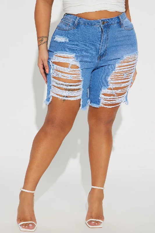 For The Weekend Non Stretch Ripped Denim Bermuda Shorts - Medium Wash