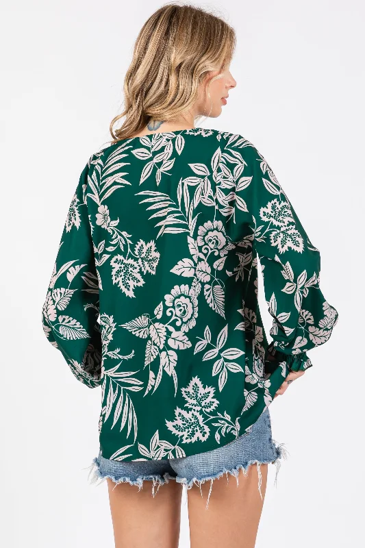 Forest Green Floral V-Neck Long Sleeve Blouse