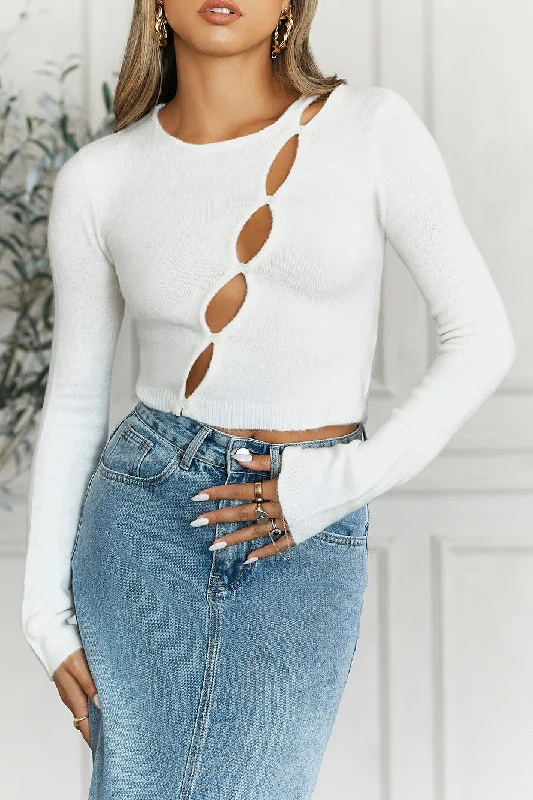 HELLO MOLLY Ski Lodge Knit Long Sleeve Crop Top White