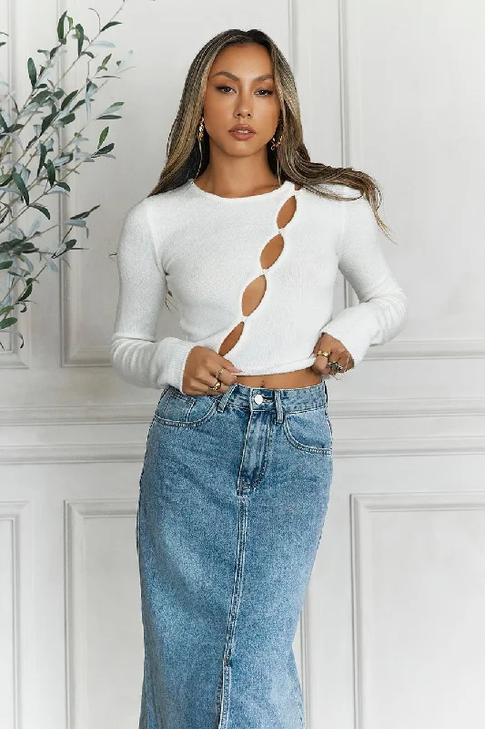 HELLO MOLLY Ski Lodge Knit Long Sleeve Crop Top White