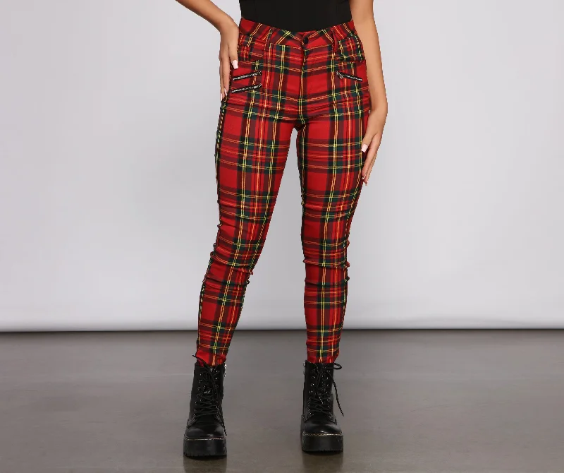 High Rise Zippered Plaid Pants