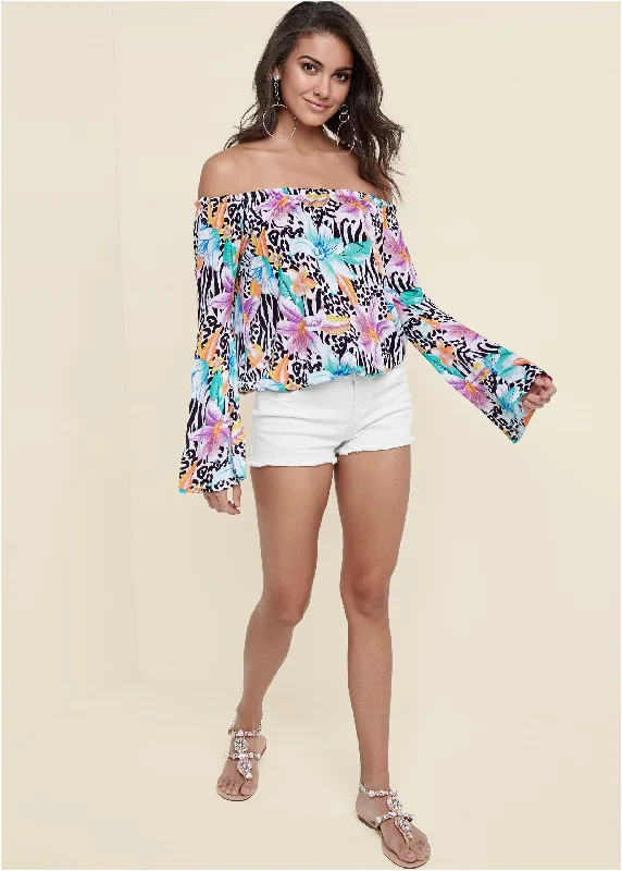 Flare sleeve printed top - White Multi