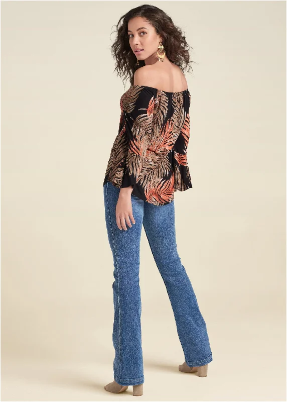 Bell sleeve printed top - Black & Orange