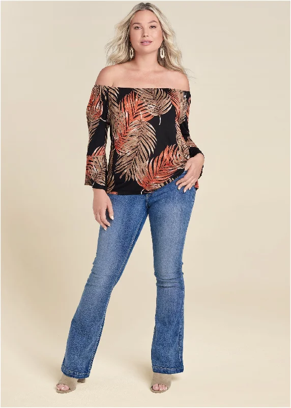 Bell sleeve printed top - Black & Orange