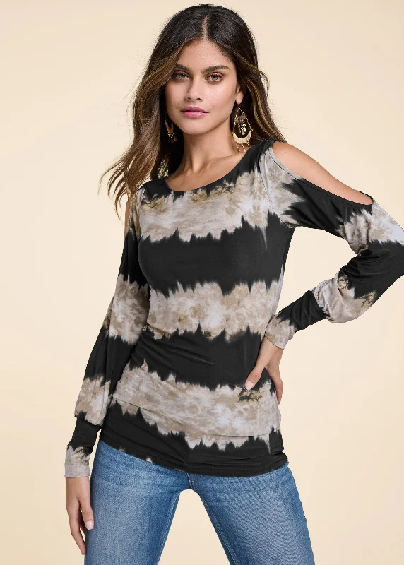 Tie-dye cold-shoulder top  - Black Multi