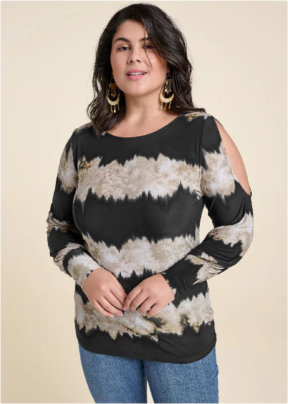 Tie-dye cold-shoulder top  - Black Multi