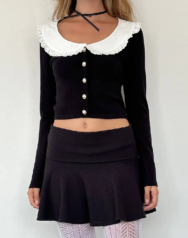 Jodine Knitted Cardigan in Black with White Frill