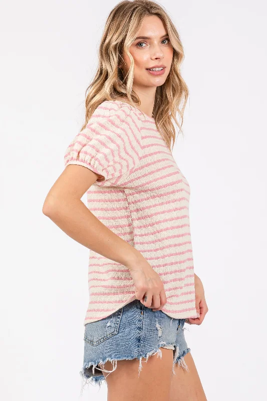 Light Pink Striped Textured Puff Sleeve Top