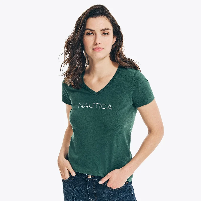 Nautica Womens Studded Logo V-Neck T-Shirt