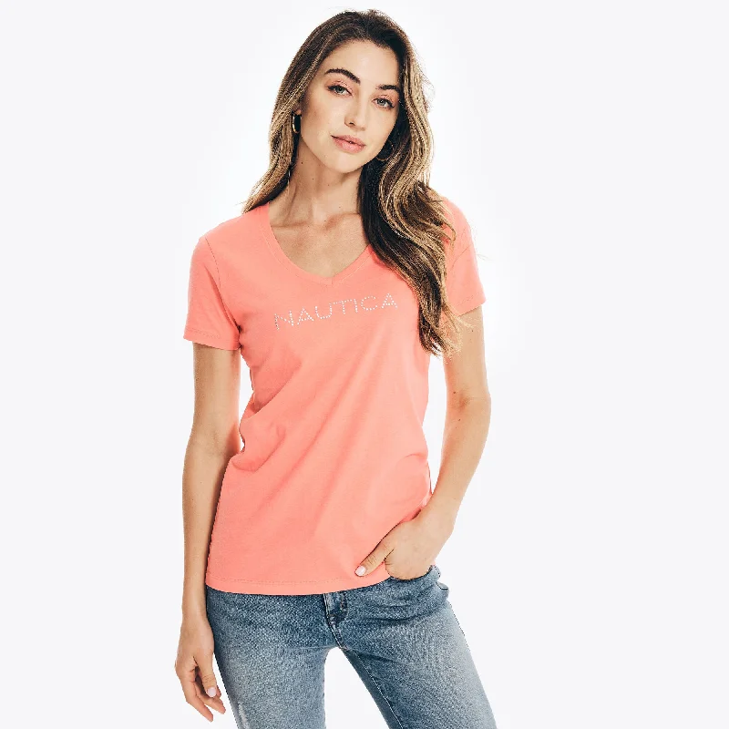 Nautica Womens Studded Logo V-Neck T-Shirt