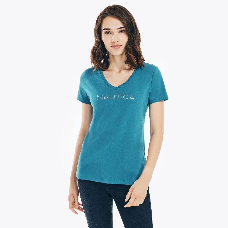 Nautica Womens Studded Logo V-Neck T-Shirt