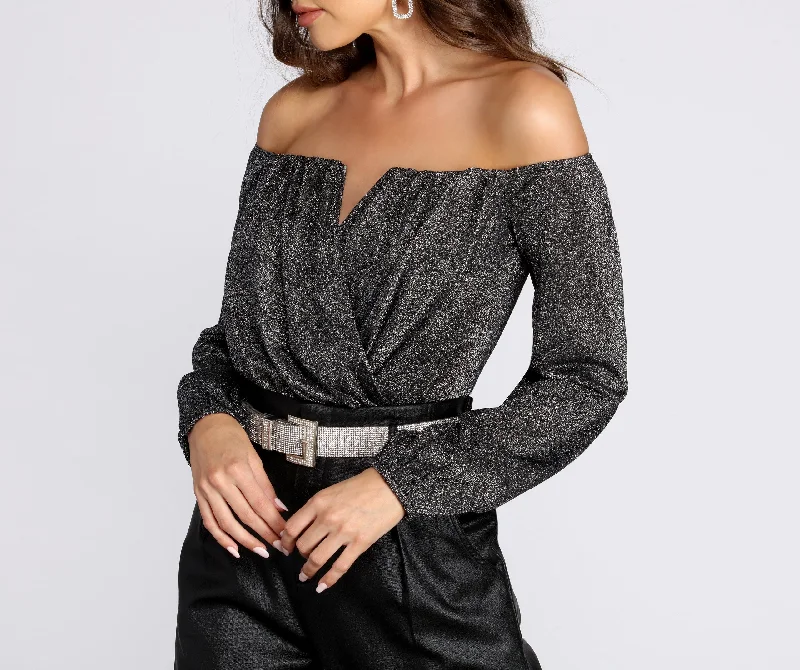 Off The Shoulder Glitter Knit Bodysuit