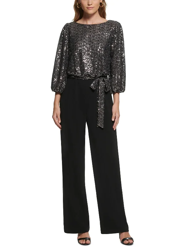 Petites Womens Sequined Dressy Jumpsuit