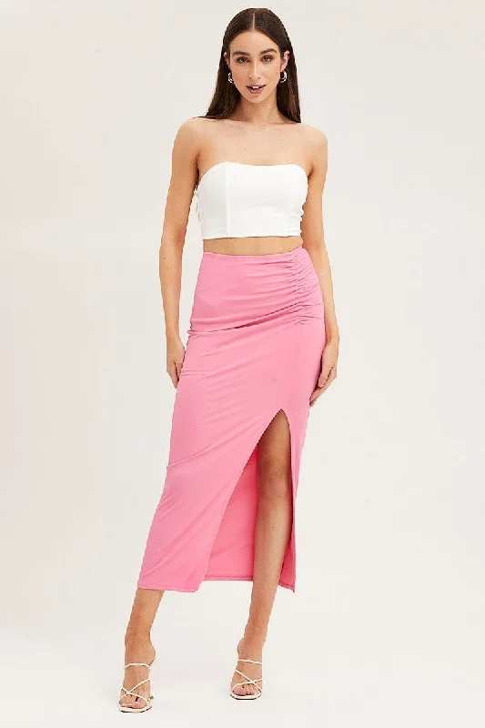 Pink Rib Jersey Front Slit Pencil Midi Skirt