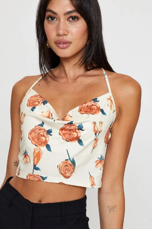 Print Crop Top Sleeveless Cowl Neck