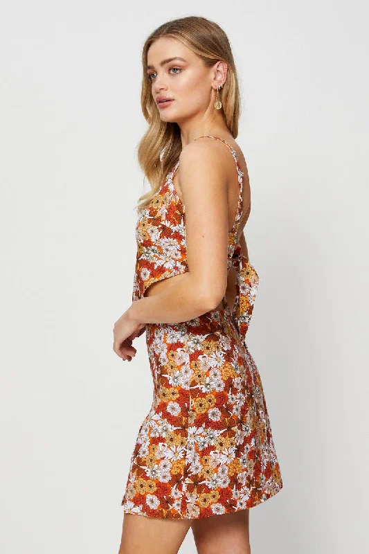 Print Linen Blend Floral Print Front Split Mini Skirt