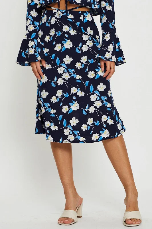 Print Midi Skirt Tie Waist