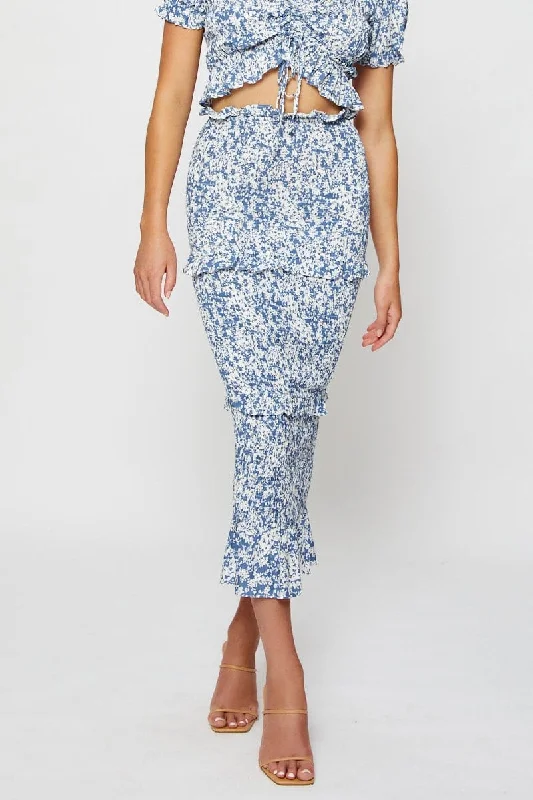 Print Smocking Pencil Midi Skirt