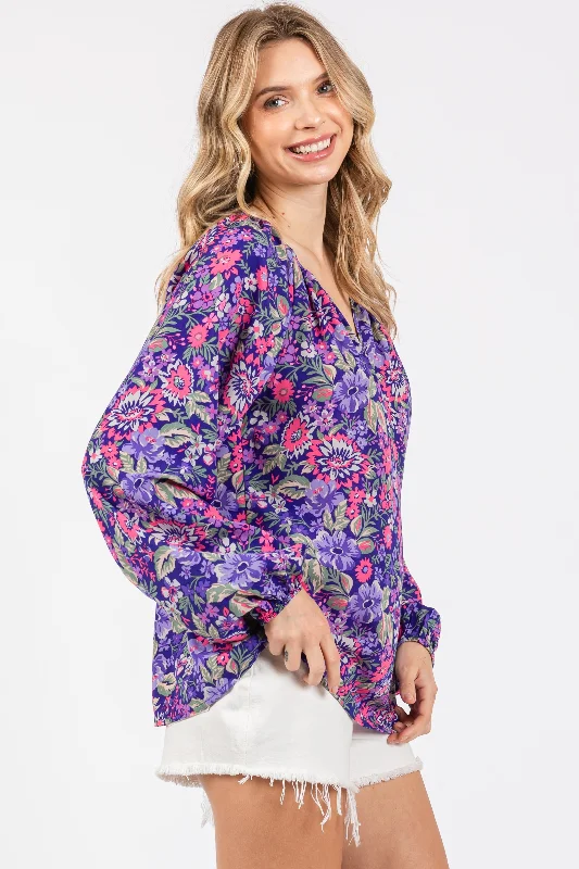 Purple Floral Long Sleeve Blouse