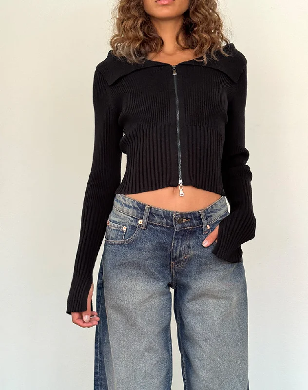 Radia Long Sleeve Off-Shoulder Zip Through Jumper in Black