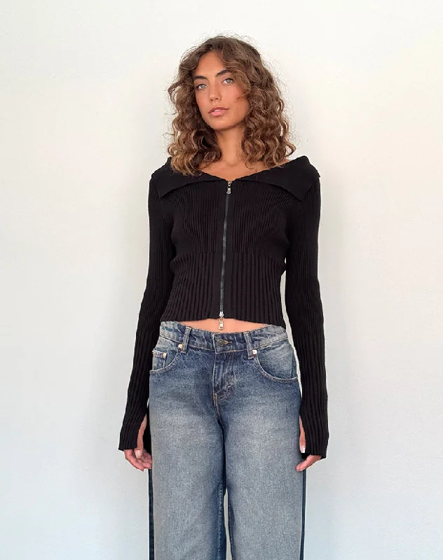 Radia Long Sleeve Off-Shoulder Zip Through Jumper in Black