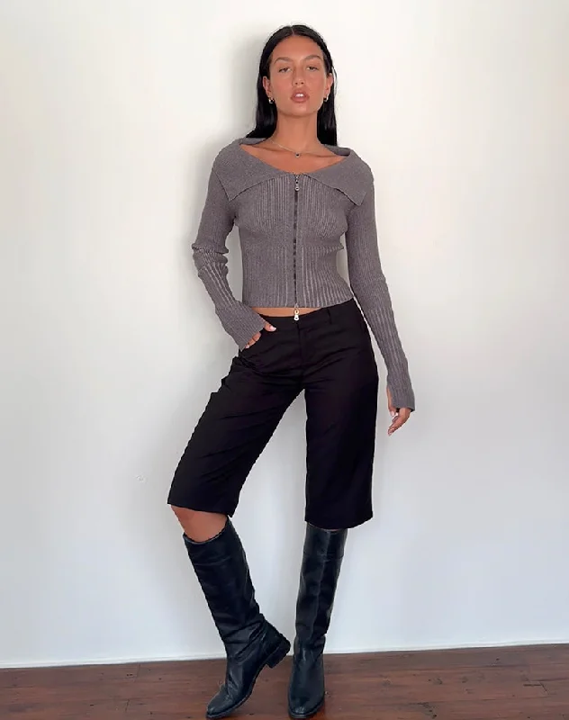 Radia Long Sleeve Off-Shoulder Zip Through Jumper in Dark Charcoal