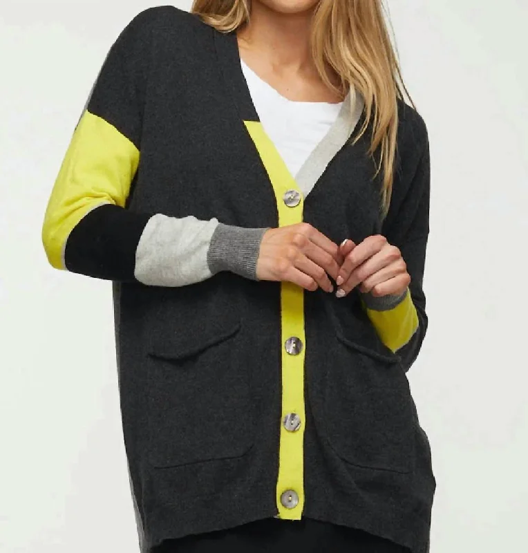 Retro Colorblock Button Cardigan In Charcoal