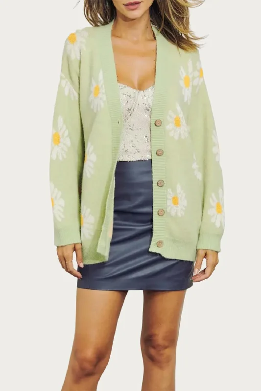 Retro Floral Knit Button-Front Cardigan In Lime