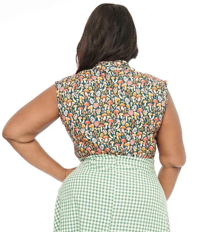 Retrolicious Plus Size 1950s Forest Green Mushroom Print Cotton Bow Top