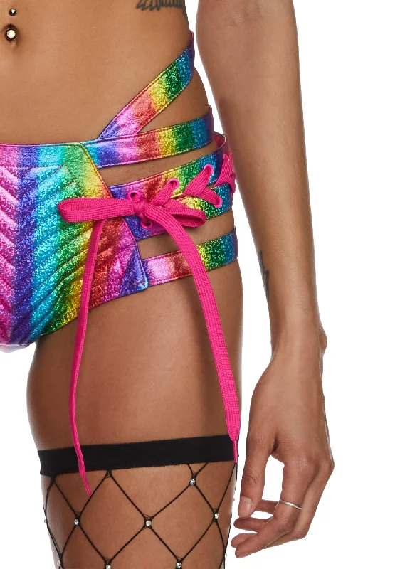 Rude Awakening Lace-Up Shorts - Rainbow Glitter