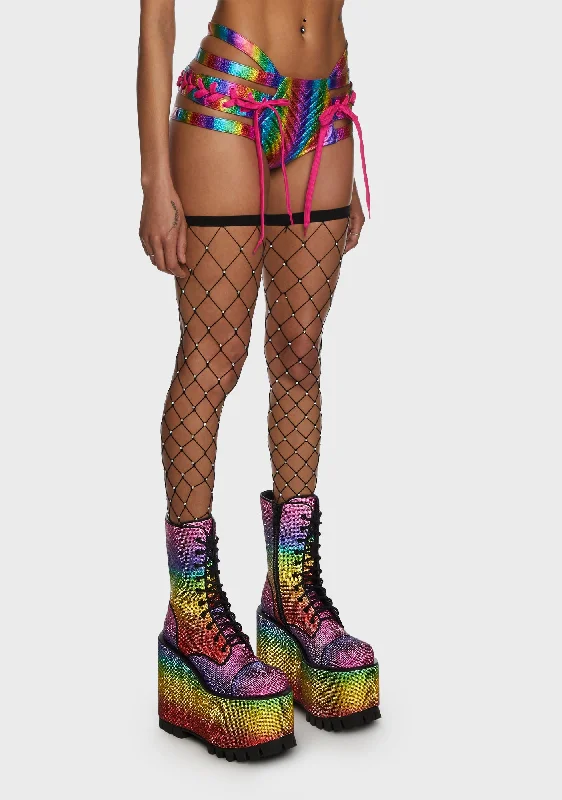 Rude Awakening Lace-Up Shorts - Rainbow Glitter