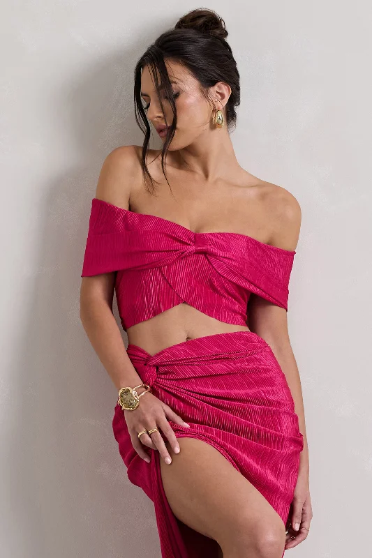 Seara | Hot Pink Plisse Twisted Bardot Crop Top