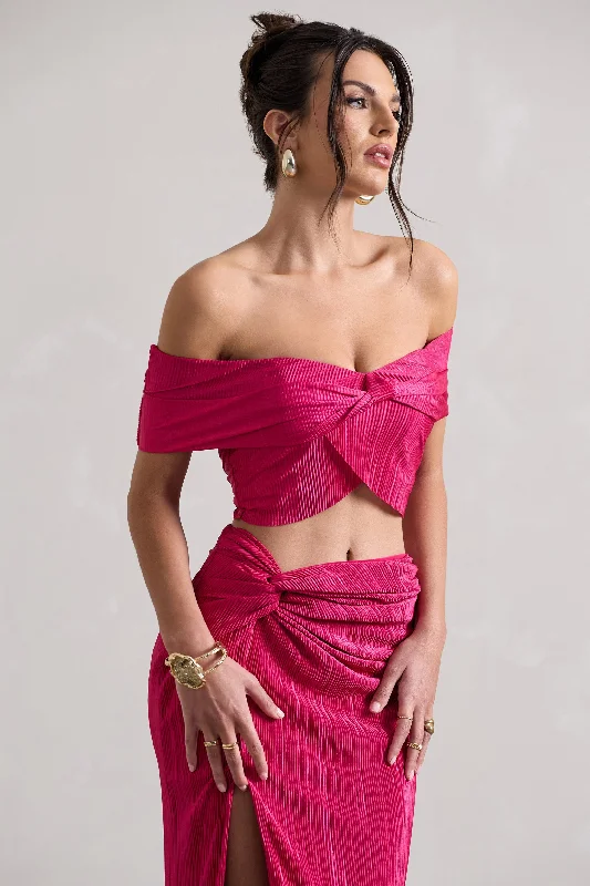 Seara | Hot Pink Plisse Twisted Bardot Crop Top