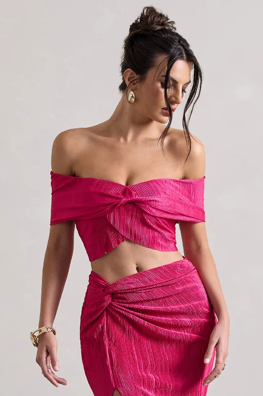 Seara | Hot Pink Plisse Twisted Bardot Crop Top